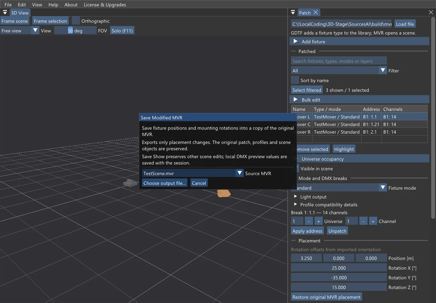 Dialog Save Modified MVR s výběrem Source MVR a tlačítkem Choose output file