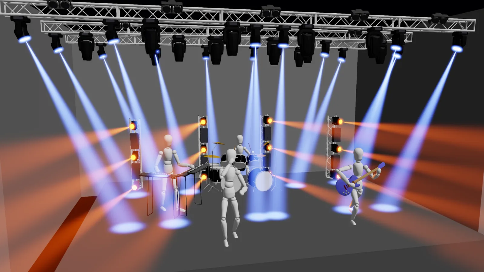 3D concert-stage preview from the application: a band on stage, blue beams from moving heads on the truss and orange blinders on towers at the sides